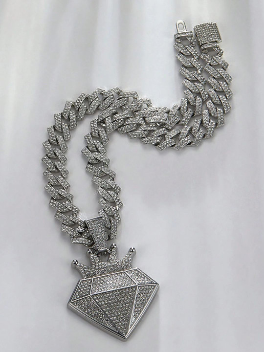 KRENOZ Men Silver-Plated Stainless Steel Stones Studded Pendant With Chain