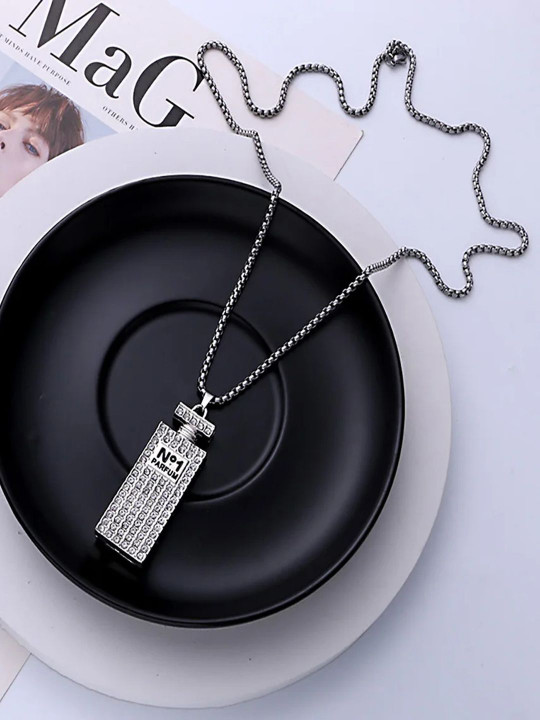 KRENOZ Men Silver-Plated Stainless Steel Stones-Studded Pendant With Chain