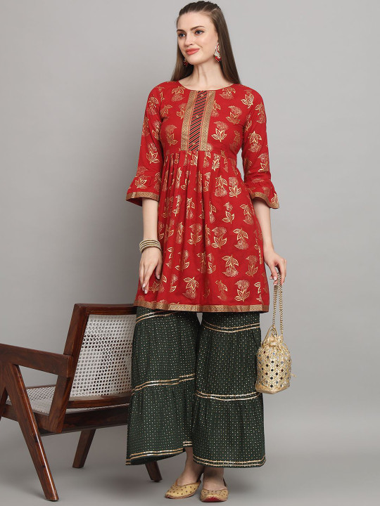 Anouk Maroon Floral Printed Zari A-Line Kurti With Sharara