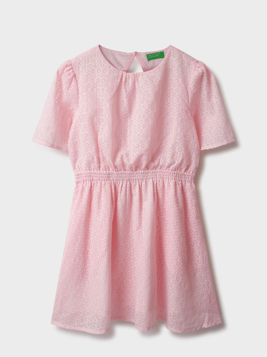 United Colors of Benetton Kids-Girls Solid Short Sleeves Self Design Fit & Flare Dress