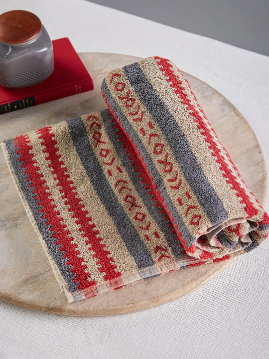 Fabindia Raina Red & Beige Geometric Printed Cotton 570 GSM Hand Towel