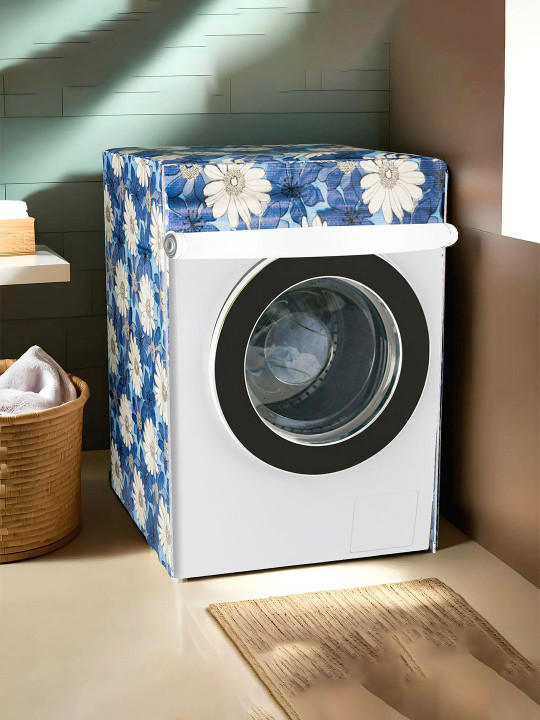 Kuber Industries Blue & White Floral Printed Light Weight Front Load Washing Machine Cover