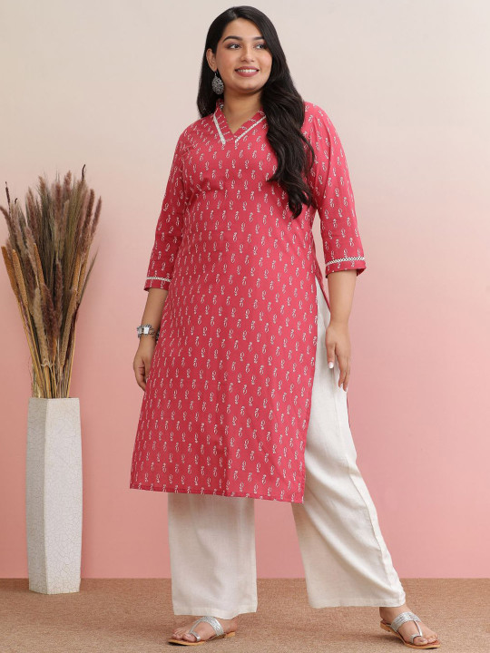 anayna Plus Size Ethnic Motifs Printed Pure Cotton Straight Kurta