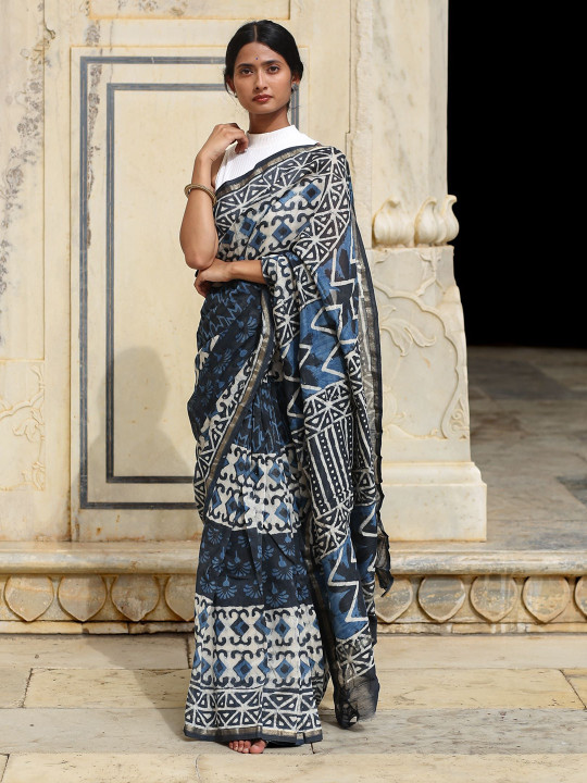 Moora Printed Zari Ethnic Motifs Pure Block Print Saree