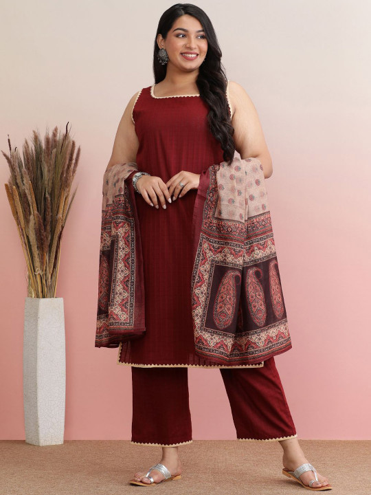 anayna Striped Square Neck Pure Cotton Straight Kurta with Trousers & Dupatta