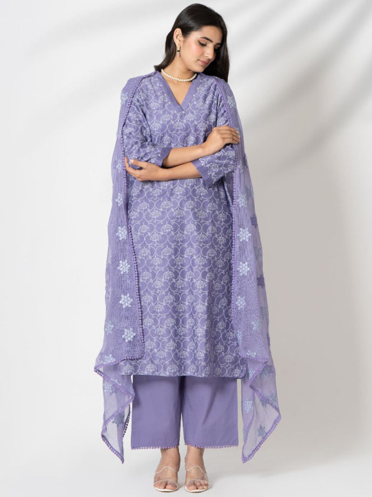 Kameez by Pooja Kejriwal Floral Printed Chanderi Silk Kurta With Trousers & Dupatta