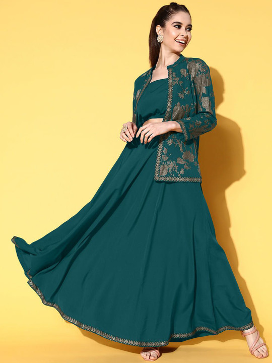 Ahalyaa Printed Top & Jacket With Skirt