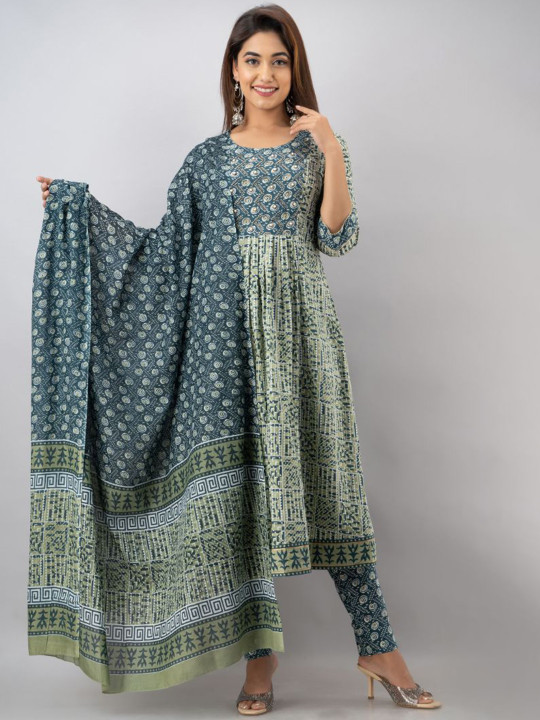 KALINI Geometric Printed Thread Work Pure Cotton Anarkali Kurta With Trousers & Dupatta