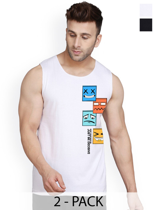 SLOWLORIS Pack Of 2 Printed Gym Vests SL26 COMBO (LOUD BLACK) (JUST WHITE)