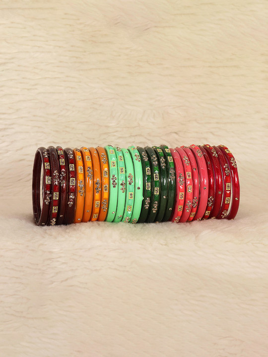 ZULKA Set of 24 Women Glass Golden Zircon Stone & Beads Kada Bangles