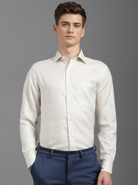 Louis Philippe Men Classic Spread Collar Micro Checked Cotton Formal Shirt