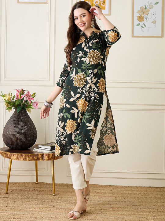 Anouk X fwd Women Floral Printed Mandarin Collar Straight Kurta