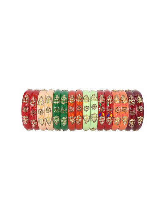 ZULKA Set of 16 Women Acrylic Zircon Gemstone Studded Kada Bangles