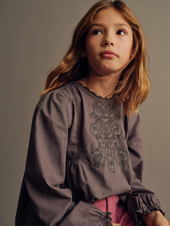 Mango Kids Girls Embroidered Puff Sleeves Pure Cotton Top with Lace-Inserts Detail