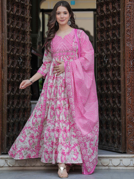 Mizaz Women Floral Printed Layered Mirror Work Pure Cotton Kurta with Trousers & With Dupatta