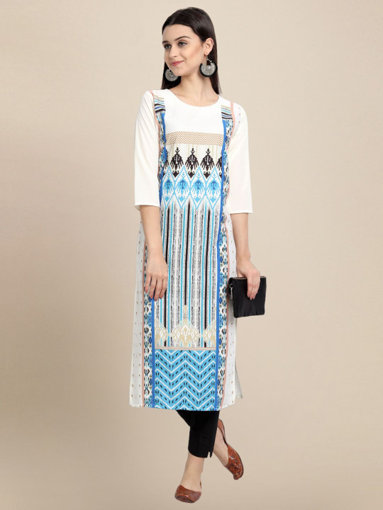 7Threads Women Ethnic Motifs Printed Thread Work Floral Crepe Kurta
