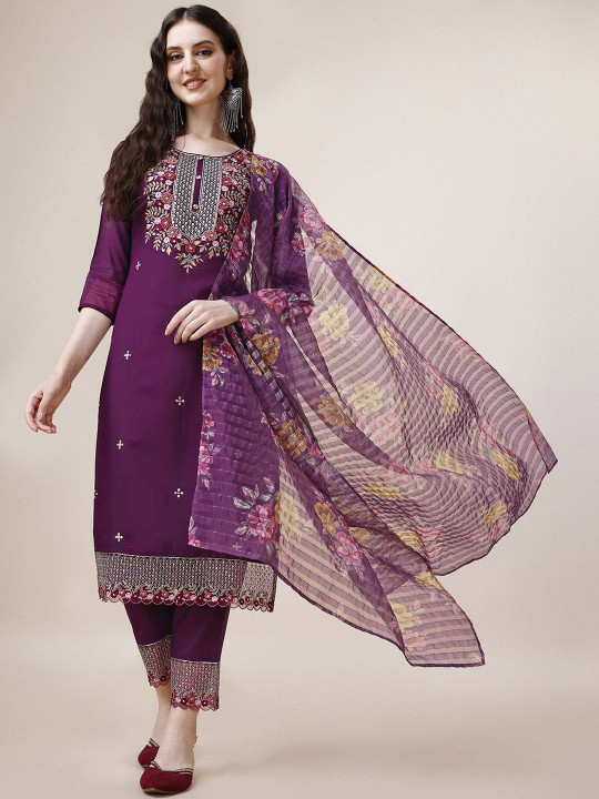 KALINI Floral Embroidered Beads & Stones Chanderi Cotton Kurta with Trousers & Dupatta