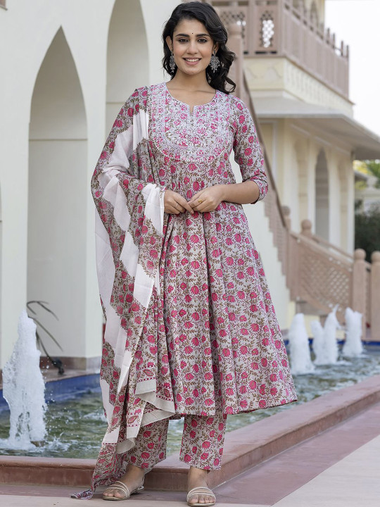 KALINI Floral Printed Mirror Work Anarkali Pure Cotton Kurta With Trousers & Dupatta