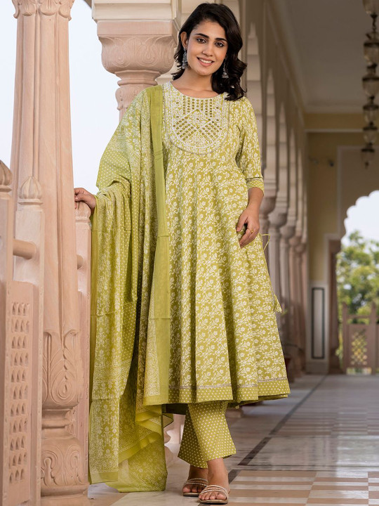KALINI Floral Printed Mirror Work Anarkali Pure Cotton Kurta With Trousers & Dupatta