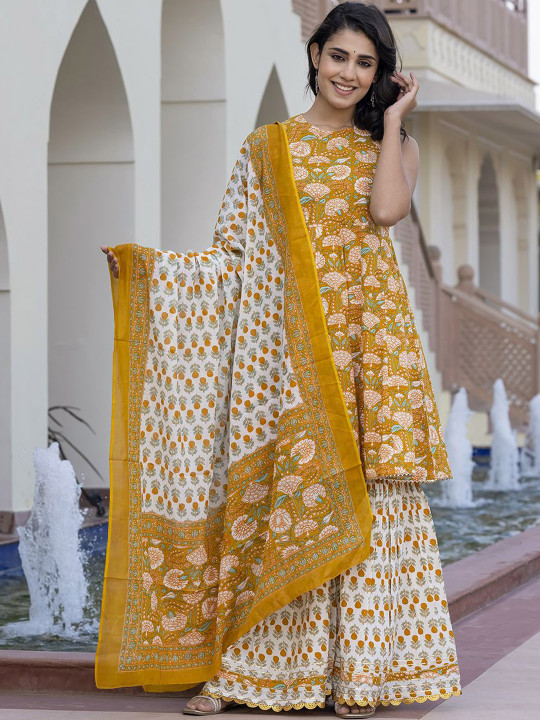 KALINI Floral Printed Pure Cotton Anarkali Kurta With Trouser & Dupatta
