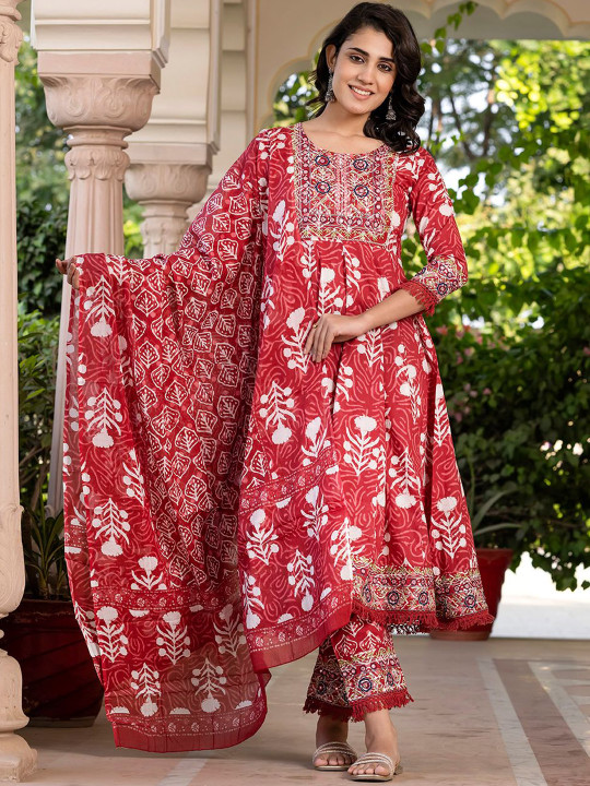 KALINI Floral Printed Mirror Work Pure Cotton Anarkali Kurta With Trouser & Dupatta
