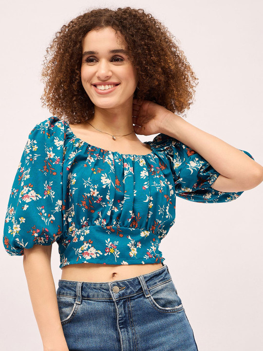 Mayra Floral Print Puff Sleeve Cotton Blouson Crop Top