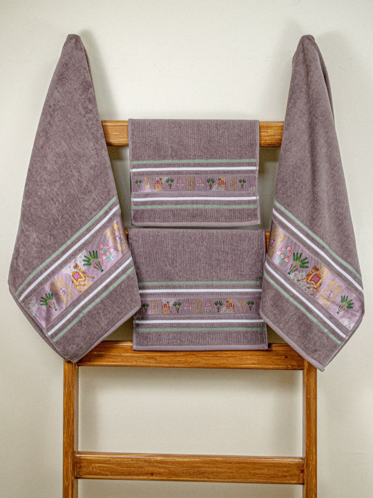 RANGOLI Brown & Green 4 Pieces Printed Pure Cotton 460 GSM Towel Set