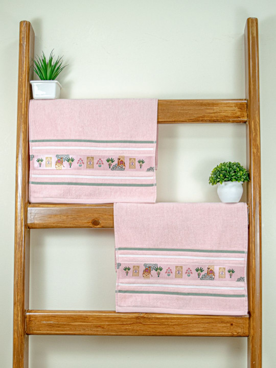 RANGOLI Peach & Green 2 Pieces 460 GSM Printed Cotton Hand Towels