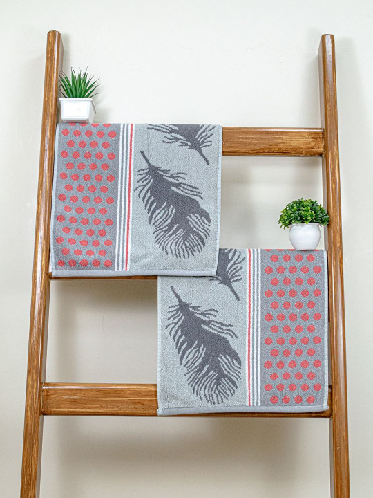 RANGOLI Grey & Pink 2 Pieces Printed Cotton Highly Absorbent 470 GSM Hand Towel