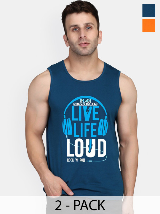 SLOWLORIS Pack Of 2 Printed Cotton Vests- SL26 COMBO (LOUD PEACOCK) (ADV RUST)