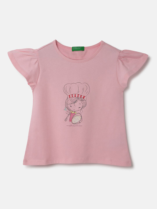 United Colors of Benetton Girls Typography Pure Cotton Raw Edge T-shirt