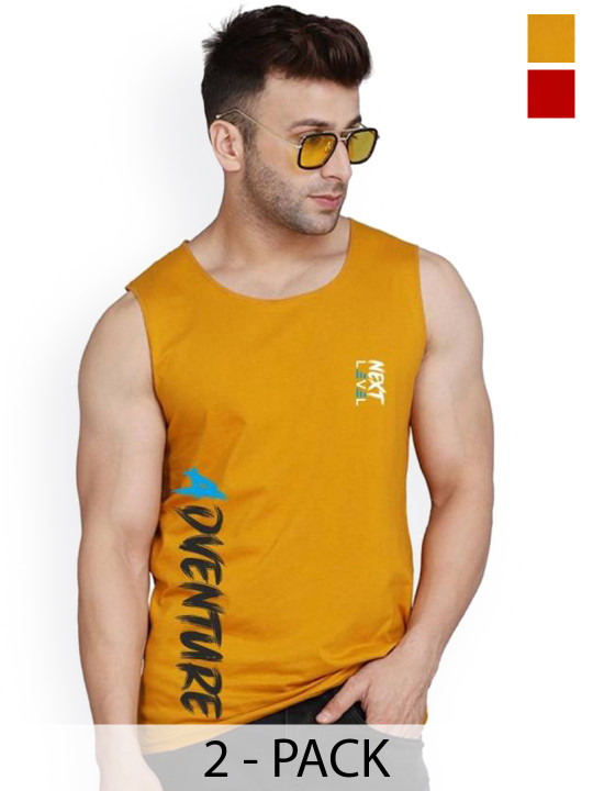 SLOWLORIS Pack Of 2 Printed Sleeveless Gym Vests SL26 COMBO (LOUD RED) (ADV MUSTARD)