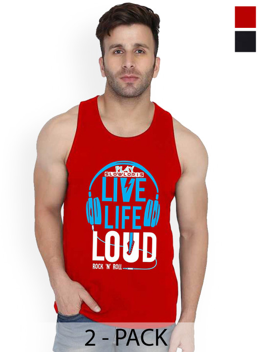 SLOWLORIS Pack Of 2 Printed Sleeveless Gym Vests SL26 COMBO (LOUD RED) (ADV BLACK)