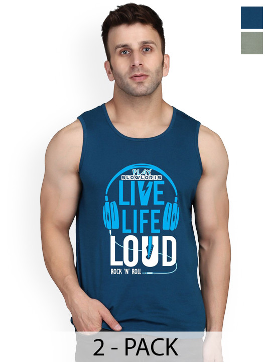 SLOWLORIS Pack Of 2 Men Printed Cotton Innerwear Vests