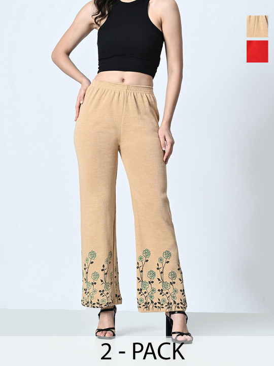 BAESD Pack Of 2 Women Floral Printed Knitted Palazzos