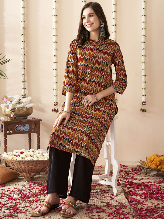 Anouk X fwd Maroon & Green Geometric Printed Band Collar Chanderi Silk Straight Kurta
