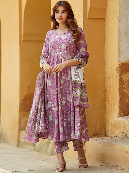 KALINI Floral Printed Pure Cotton Anarkali Kurta With Trousers & Dupatta