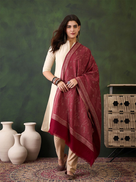 Sangria Floral Woven Design Fringed Winter Pashmina Shawl