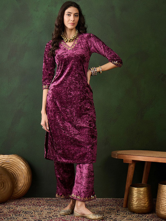 Sangria Embroidered Straight Velvet Kurta