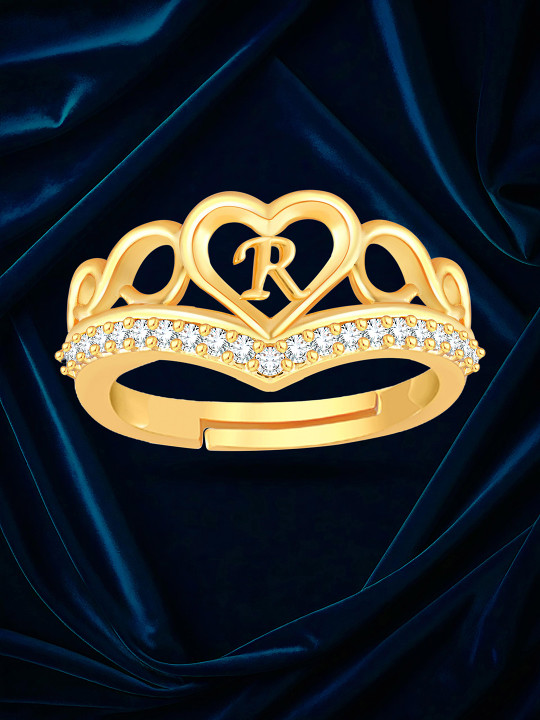 Lila Unisex Gold-Plated Cubic Zirconia Stone Studded Alphabet R Adjustable Finger Ring