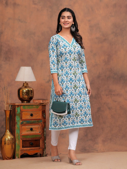 TOULIN Women Ethnic Printed Pure Cotton Straight Kurtas