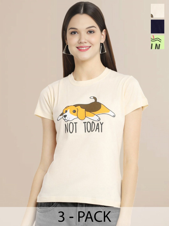 Metronaut Women Pack Of 3 Typography Printed Round Neck Cotton T-shirts