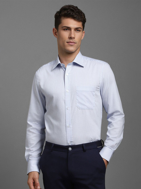 Louis Philippe Men Classic Spread Collar Micro Checked Cotton Formal Shirt