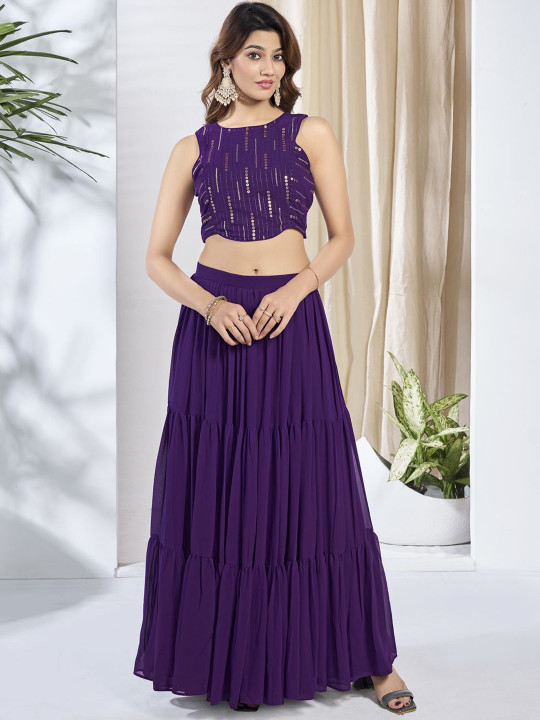 Inddus Women Striped Siquinned Embroidered Top with Skirt Co-Ords