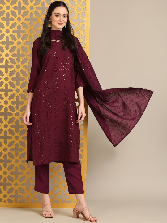 Anouk Women Embroidered Regular Sequinned Kurta with Trousers & With Dupatta