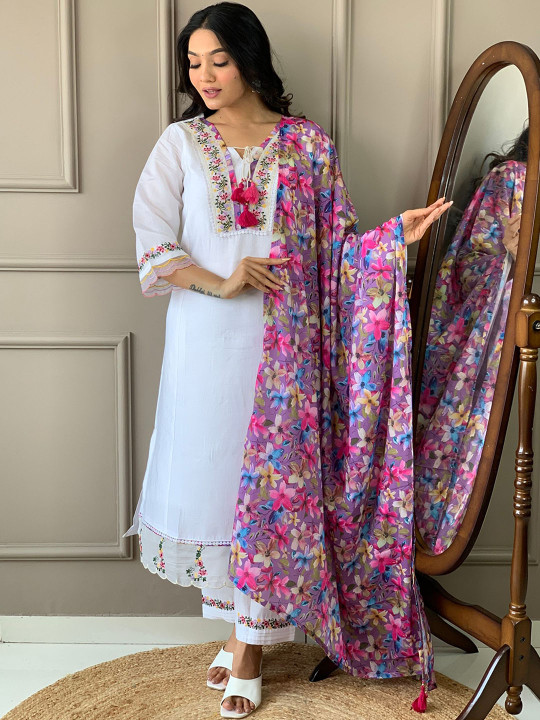 KALINI Women Ethnic Motifs Embroidered Regular Thread Work Chanderi Silk Kurta with Trousers & With Dupatta