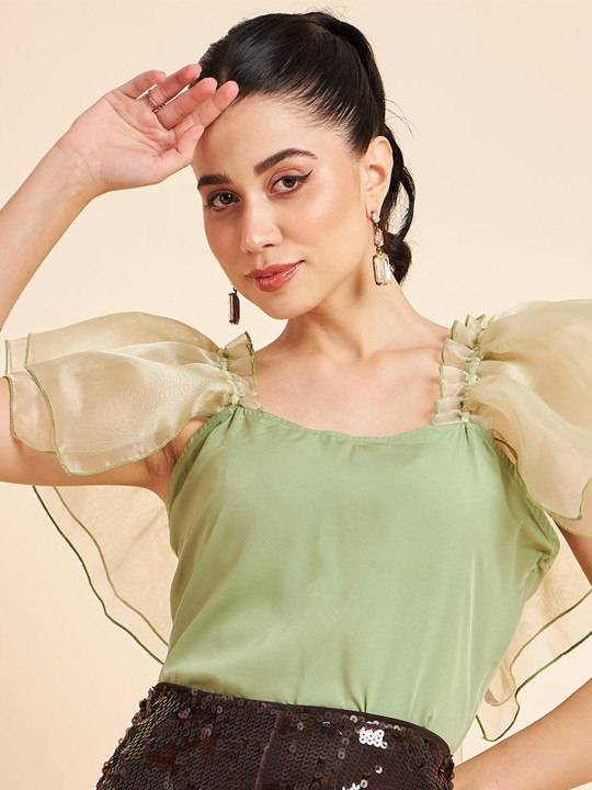 Fabway Clothing Accordion Pleated Sleeves Ruffles Crepe Crop Top