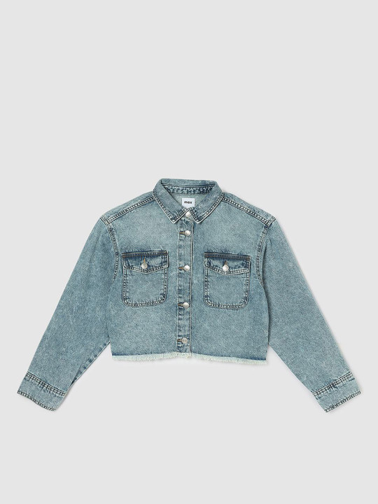 max Girls Washed Colourblocked Polyester Crop Denim Jacket