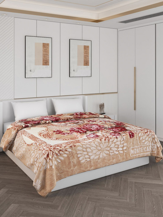 Monte Carlo Brown & Cream-Coloured 850 GSM Floral Heavy Winter Double Bed Blanket