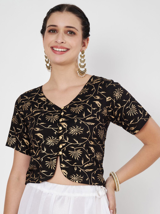 studio rasa Women Block Printed V Neck Saree Blouse